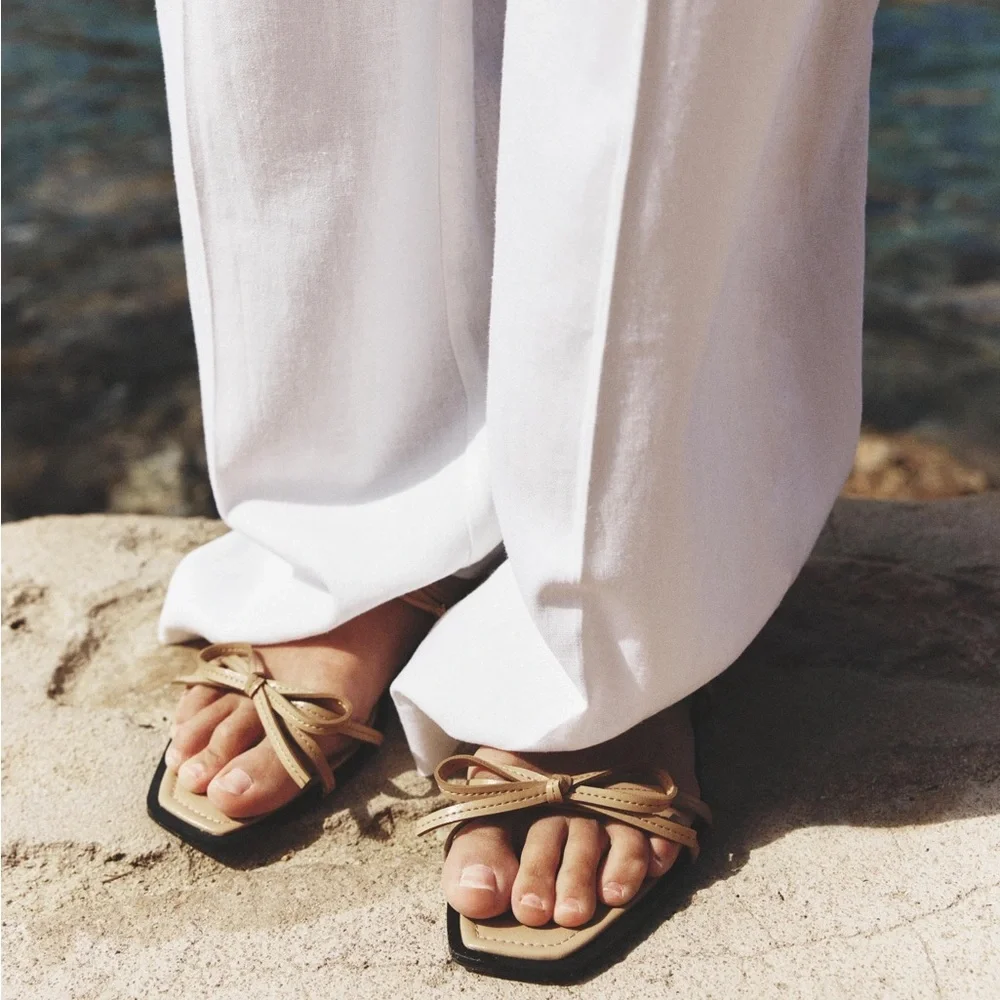 ZARA NUDE BOW TRIM FLAT SANDALS - Picture 6 of 7
